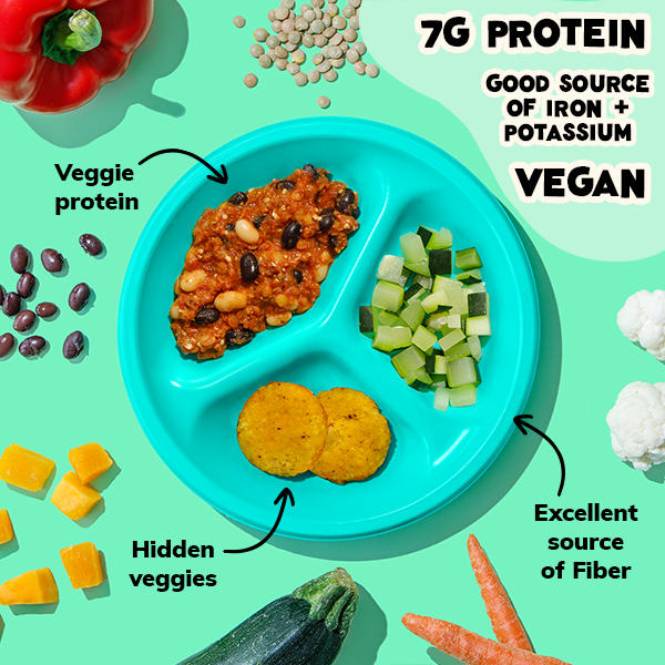 veggie chili plate has 7 grams of protein and good source of iron, potassium and fiber