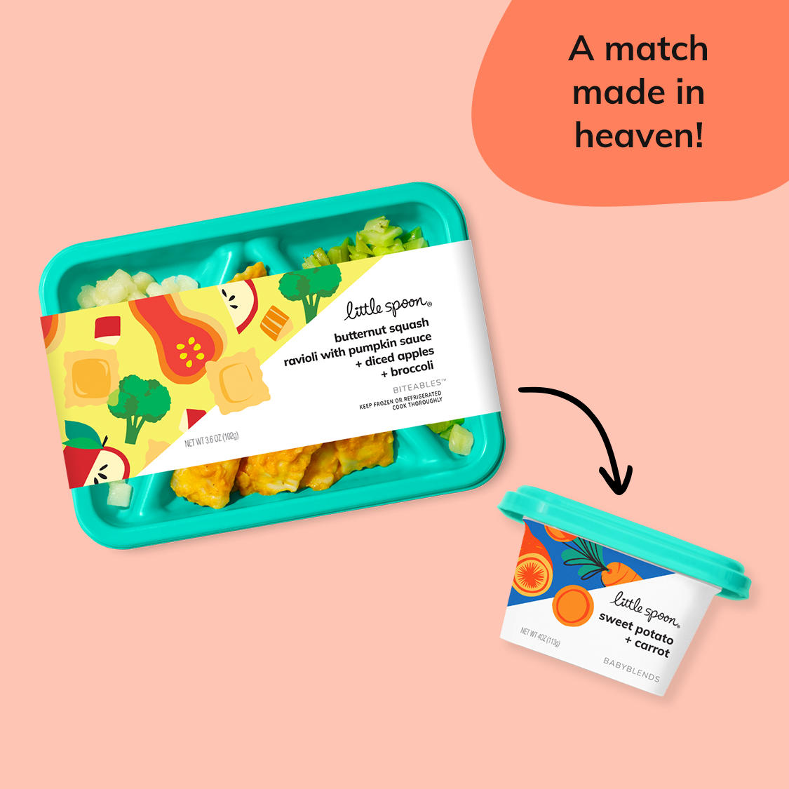 Match made in heaven between the butternut squash ravioli with pumpkin sauce + diced apples and  Sweet potato carrot blend