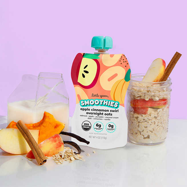 Apple Cinnamon Swirl Overnight Oats smoothie  next to a jar of overnight oats with apples, oatmeal, cinnamon, vanilla