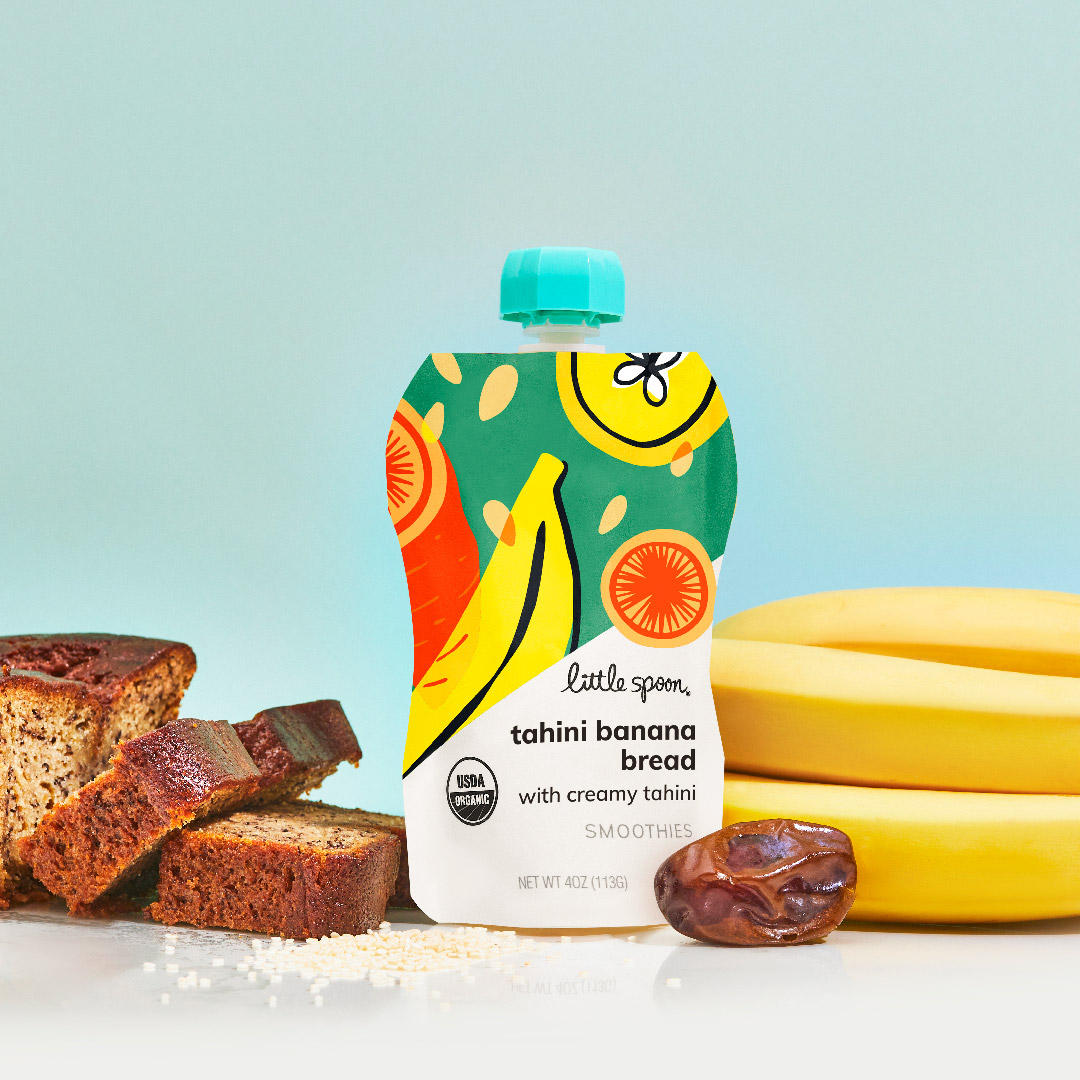 Organic Banana Bread with Creamy Tahini Smoothie Pouch next to banana bread