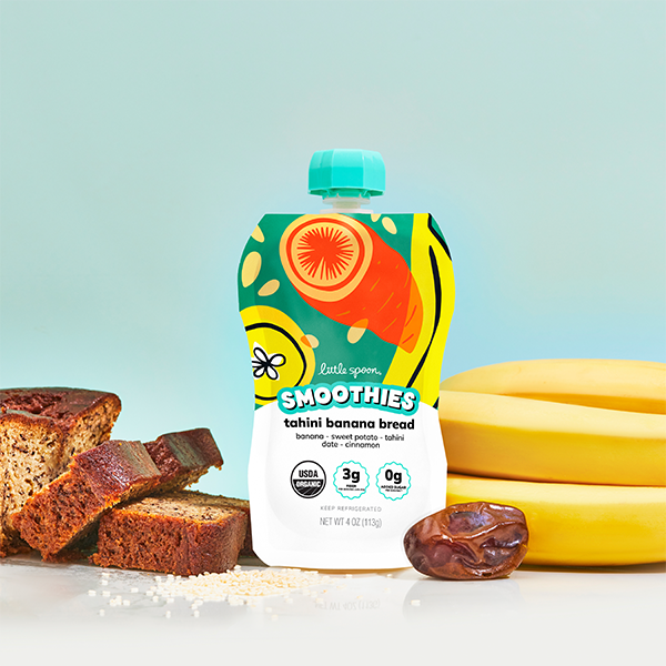 Organic Banana Bread with Creamy Tahini Smoothie Pouch next to banana bread