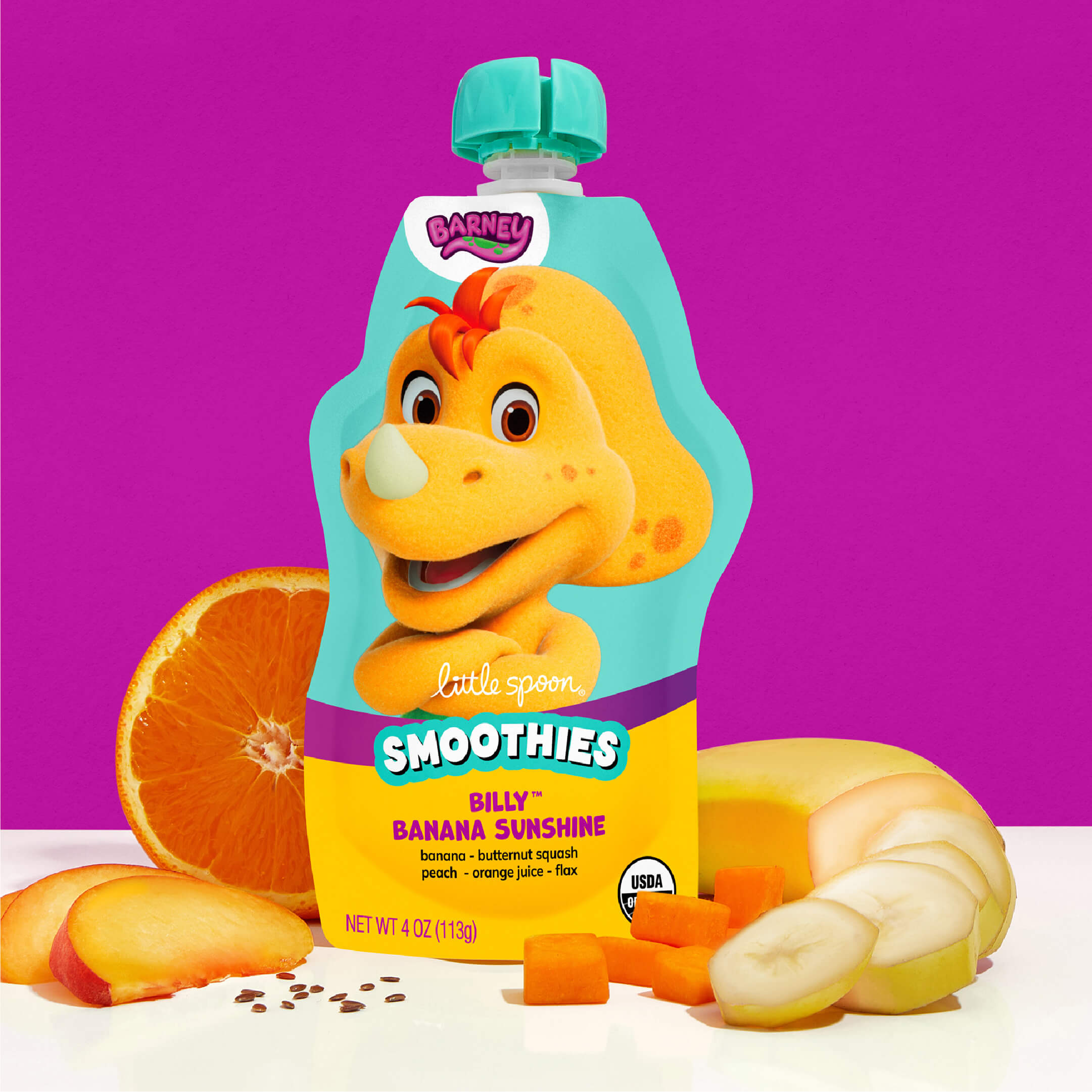 Billy Banana Sunshine Smoothie with Banana, butternut squash, orange, flax seed and peaches