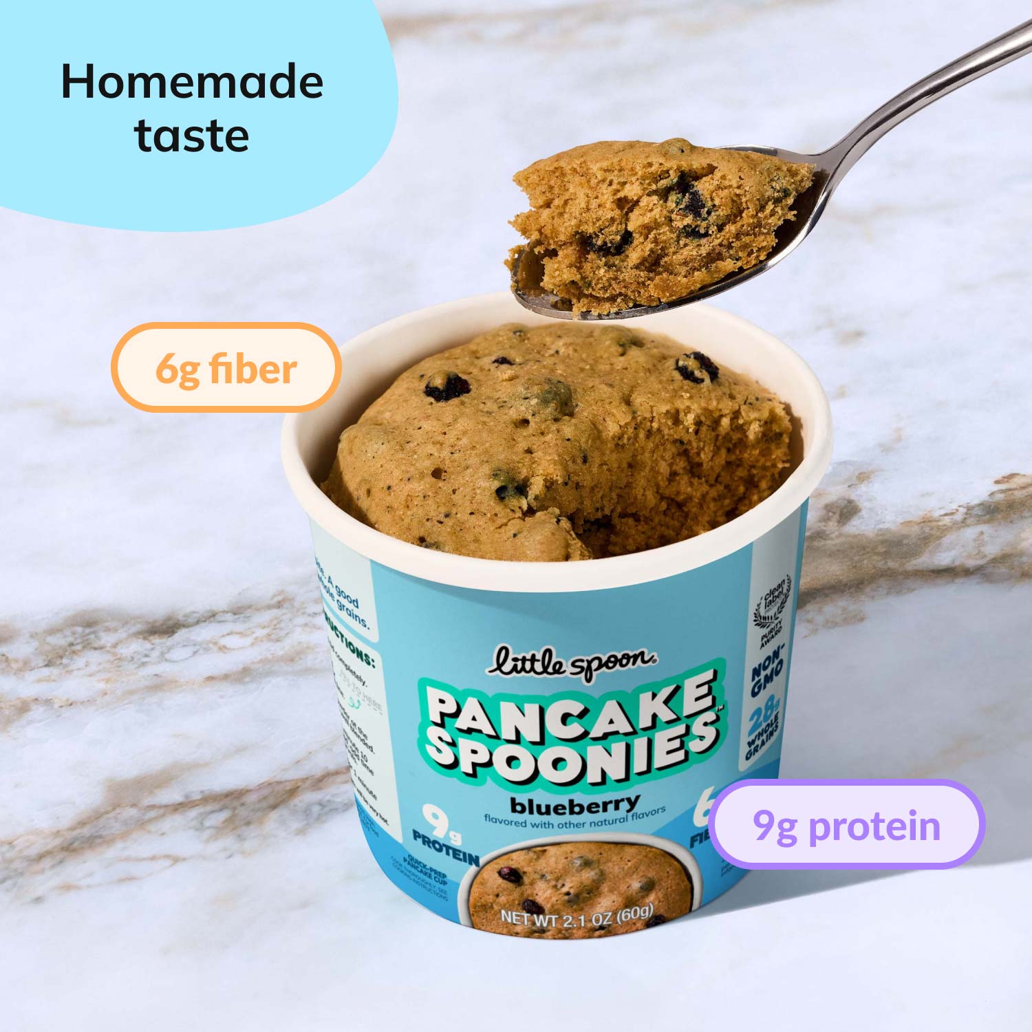 Blueberry Pancake Spoonies homemade taste with 6 grams of fiber and 9 grams of protein