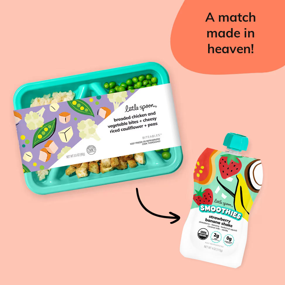 a match made in heaven with an image of Breaded Chicken and Vegetable Bites biteable and a strawberry banana smoothie
