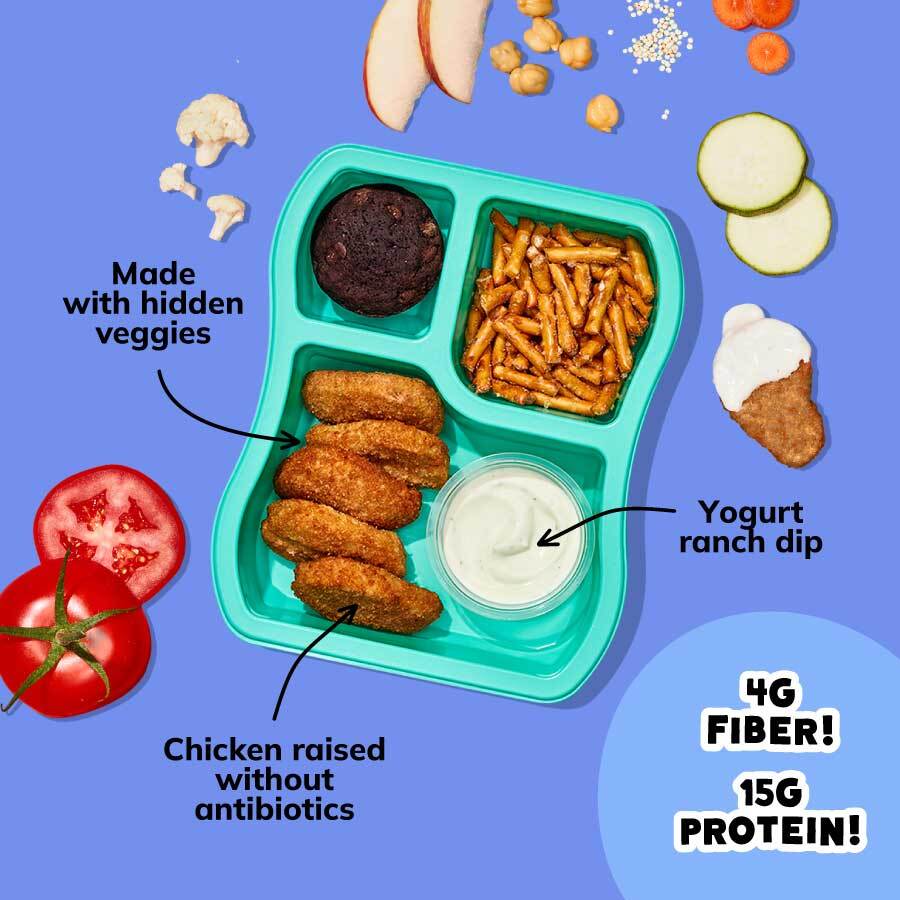 brownie sweetened w/ applesauce. made w/ veggies. antibiotic-free chicken. yogurt ranch dip. 4G fiber! 15G protein
