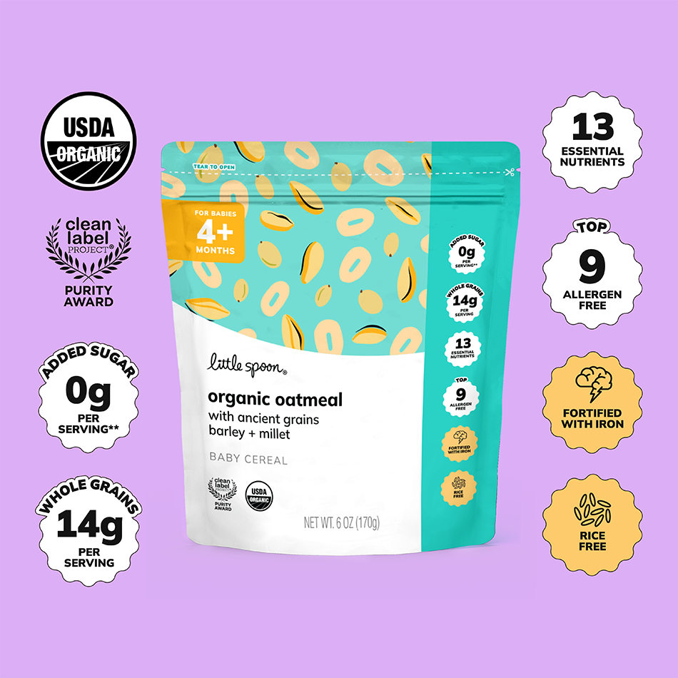 bag of Organic Oatmeal Baby Cereal that has 0 grams of added sugar per serving, 14 grams of whole grains, top 9 allergen free