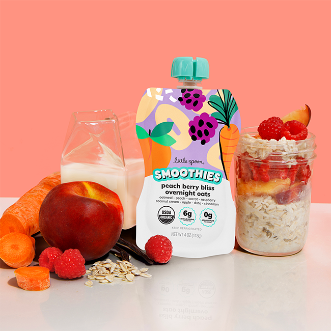 Peachy Berry Bliss Overnight Oats Smoothie with a jar of overnight oats, peaches, raspberries, carrots, oats, vanilla