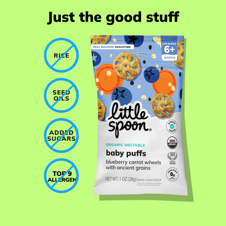 Blueberry Carrot Meltable Baby Wheels bag with just the good stuff, no rice, no seed oils, no added sugars