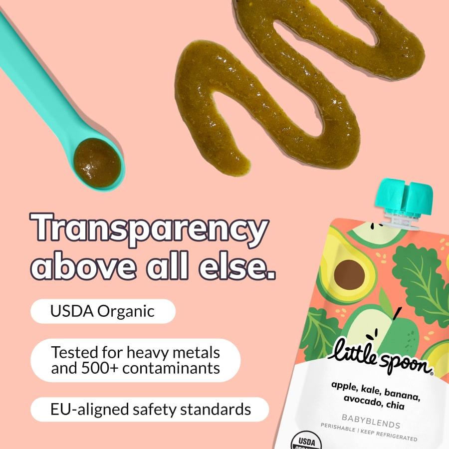 Babyblend Pouch with olive green puree and spoon on mint background; text: ‘Transparency above all else' and testing details.