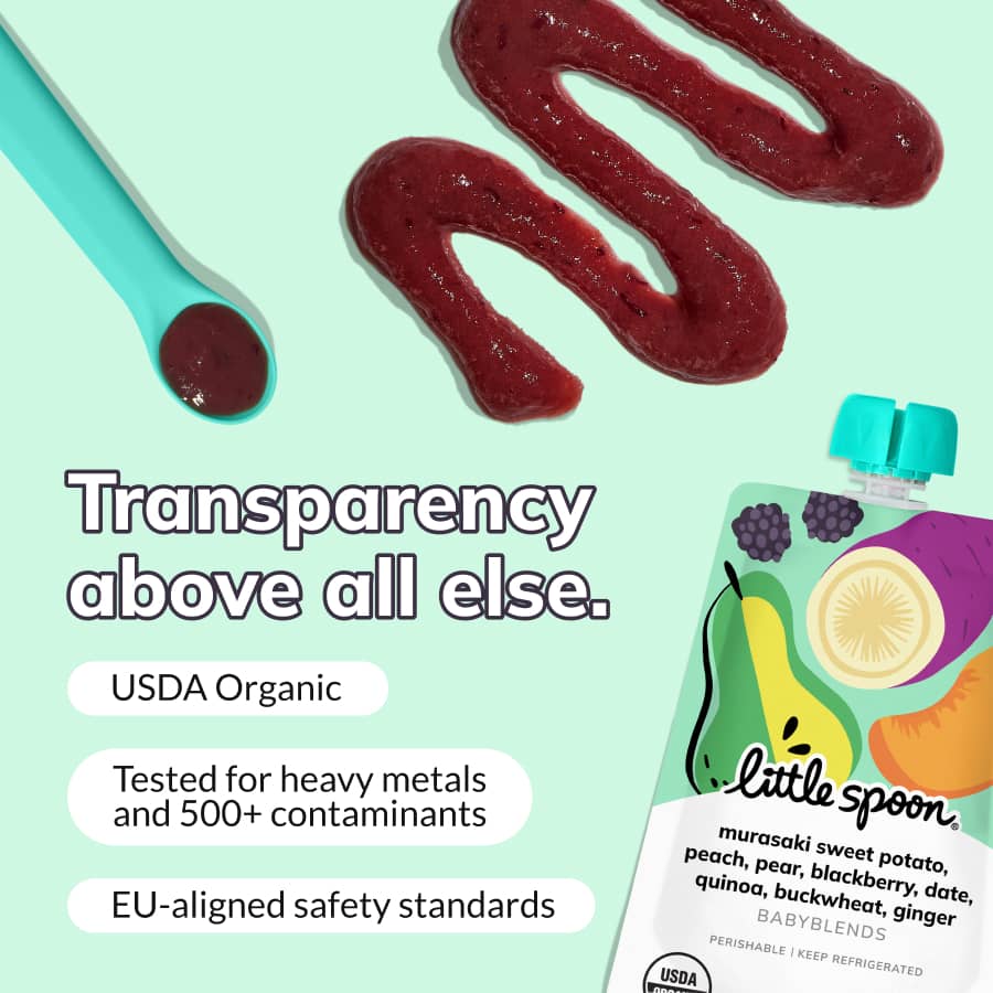 Babyblend Pouch with dark red puree and spoon on mint background; text: ‘Transparency above all else' and testing details.