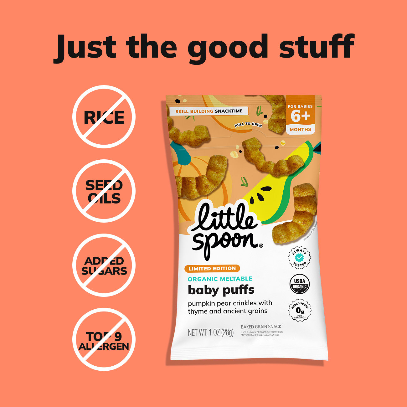 Pumpkin Pear Meltable Baby Crinkles have just the good stuff, no rice, no seed oils, no added sugar, top 9 allergen free