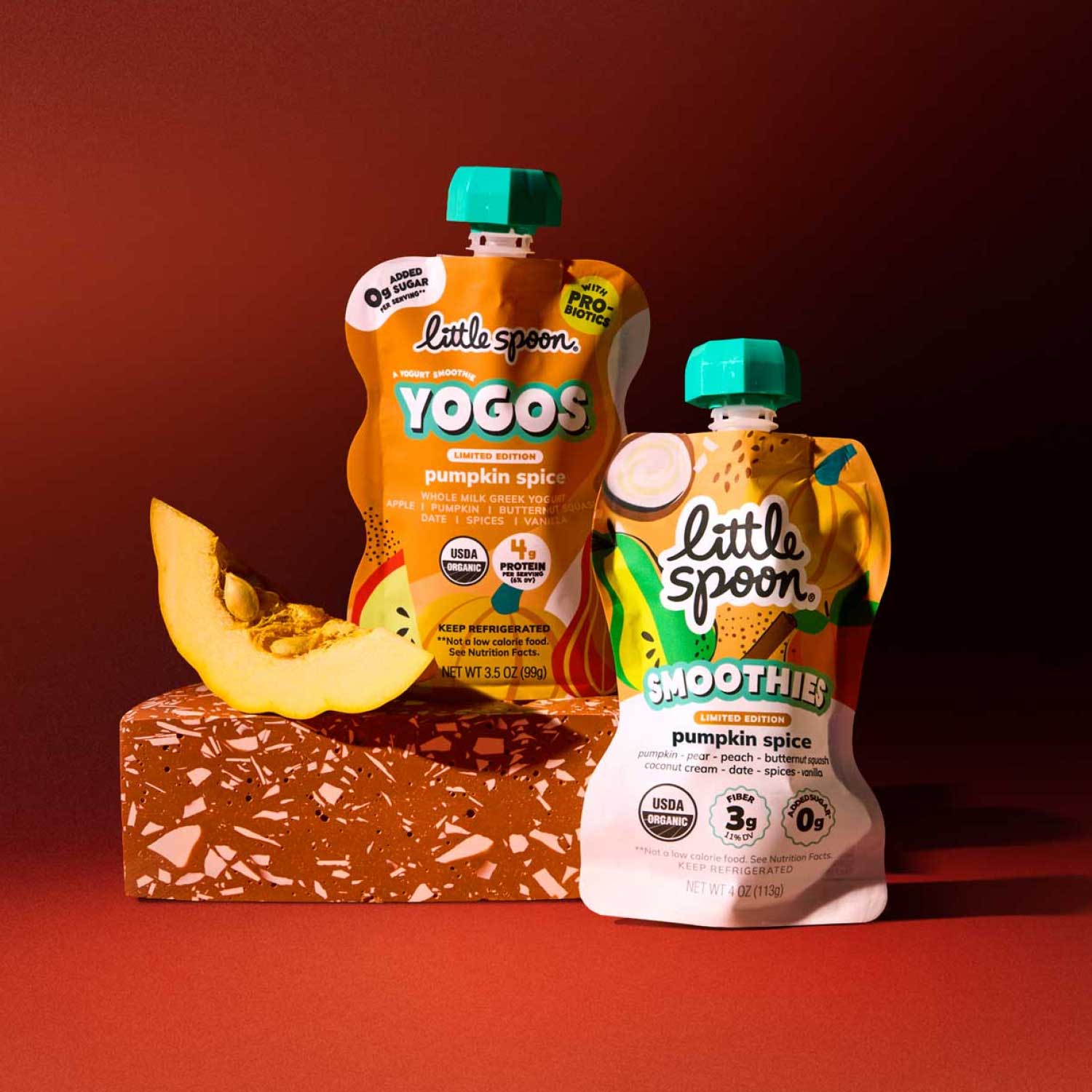Fall seasonal Limited Edition Pumpkin Spice Smoothie and Yogo next to a slice of pumpkin