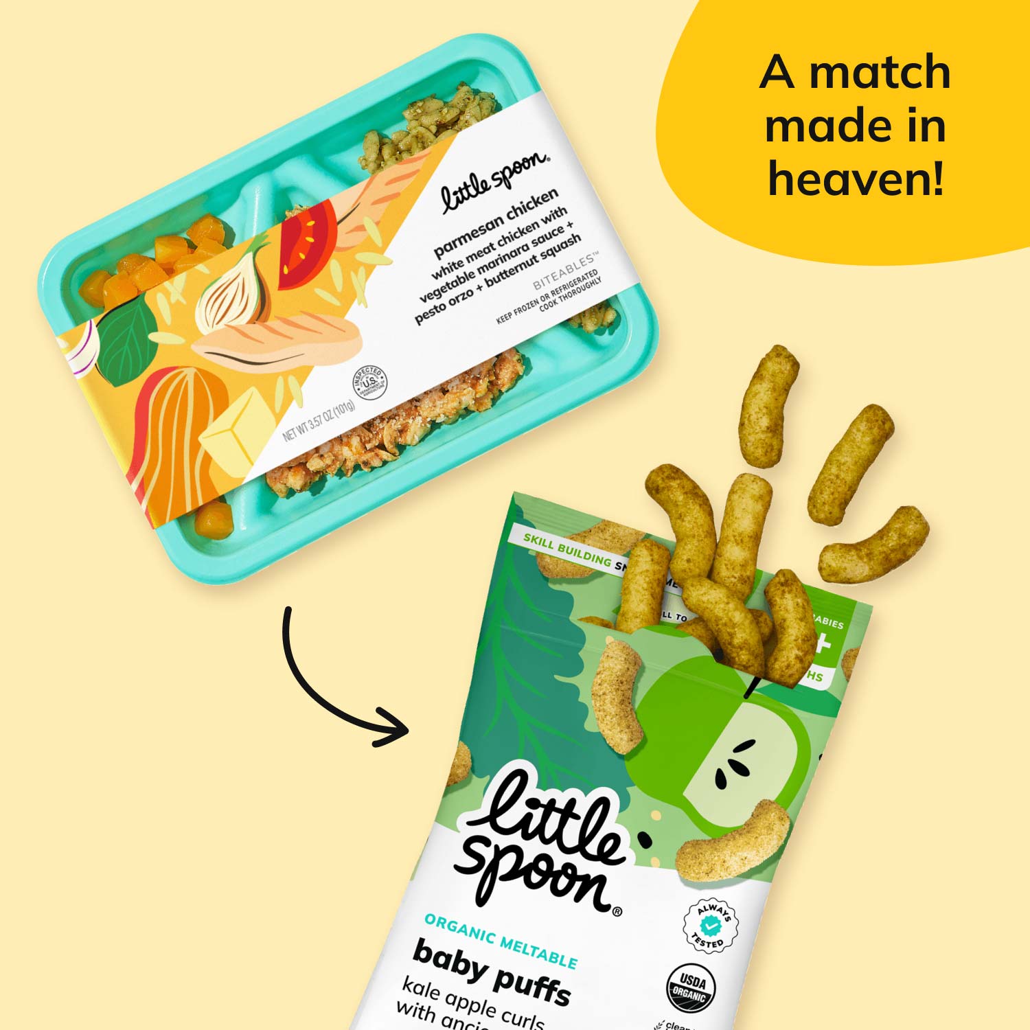 A match made in heaven with the Parmesan Chicken Biteable and kale apple curl baby puffs