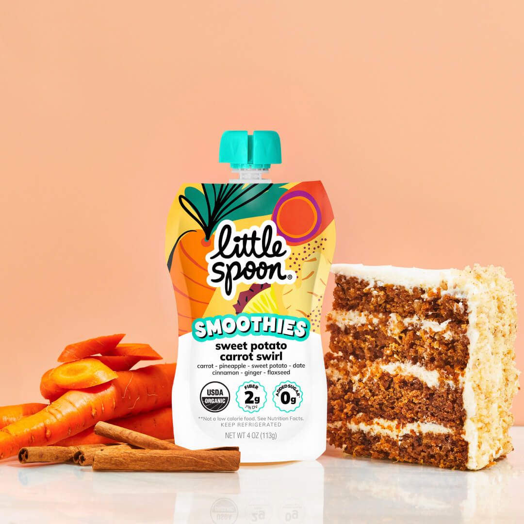 Sweet Potato Carrot Swirl Pouch next to a piece of sweet potato cake