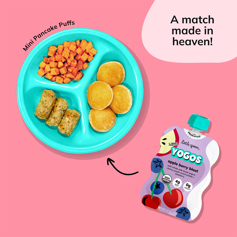 A match made in heaven with an Apple Berry Blast YoGo Pouch and a mini pancake puffs plate