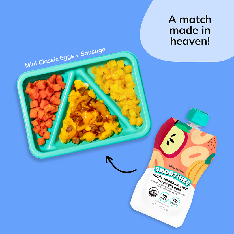 A match made it heaven with the Apple Cinnamon Swirl Overnight Oats smoothie and mini classic eggs and sausage biteable