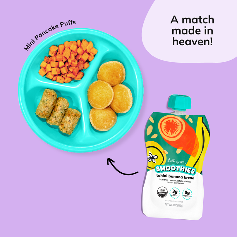 Organic Banana Bread Smoothie paired with Pancake Puffs Plate