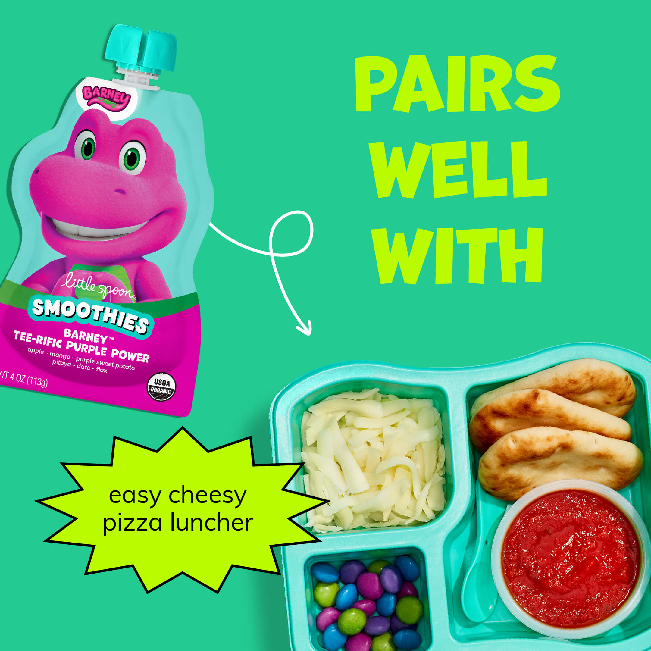 Barney Tee-rific Purple Power Smoothies pairs wel with the easy cheesy pizza luncher