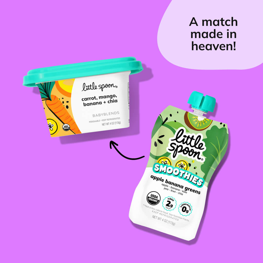 Apple Banana Greens smoothie pouch paired with carrot mango banana and chia babyblend