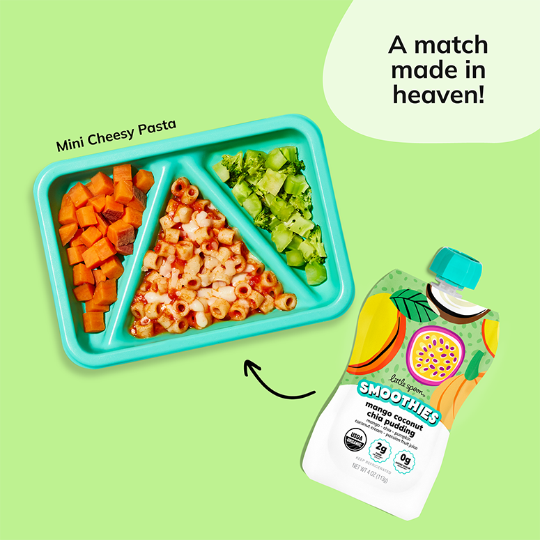 Organic Mango Coconut Chia Pudding Smoothie paired with Mini Cheesy Pasta Biteable for Toddlers