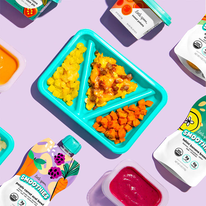 picture of the Mini Classic Eggs and Sausage Biteable and a variety of smoothies and babyblends