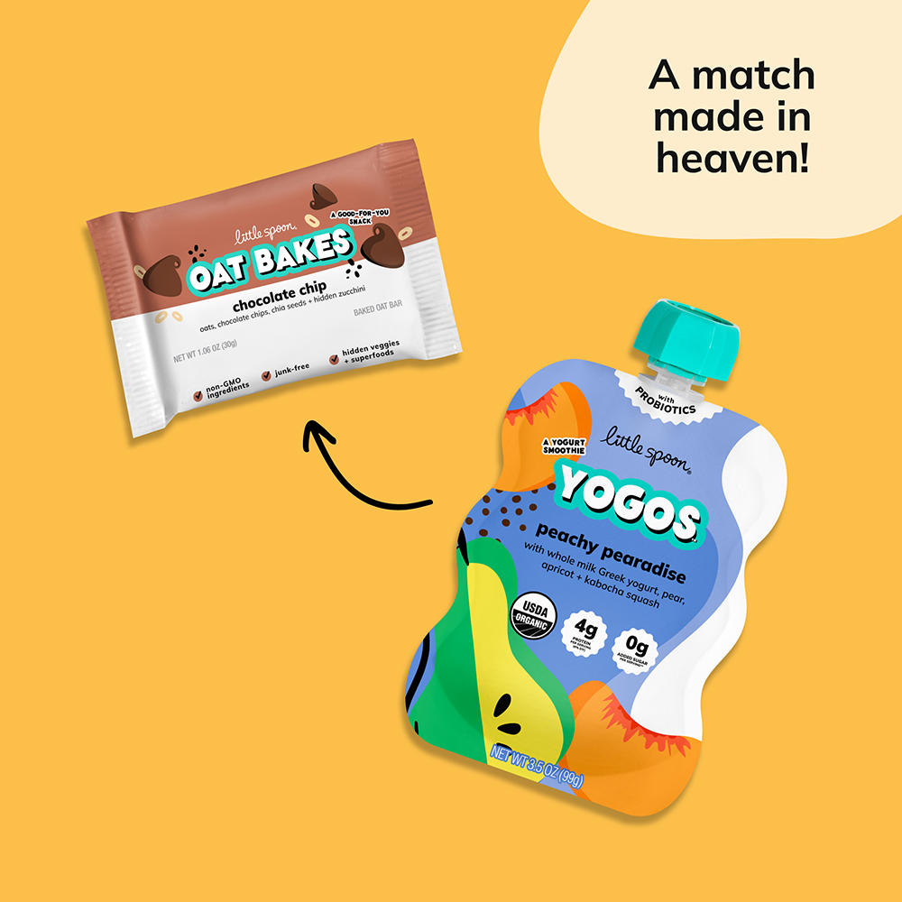 A match made in heaven with the Peachy Pearadise YoGos pouch and the chocolate chip oat bake snack