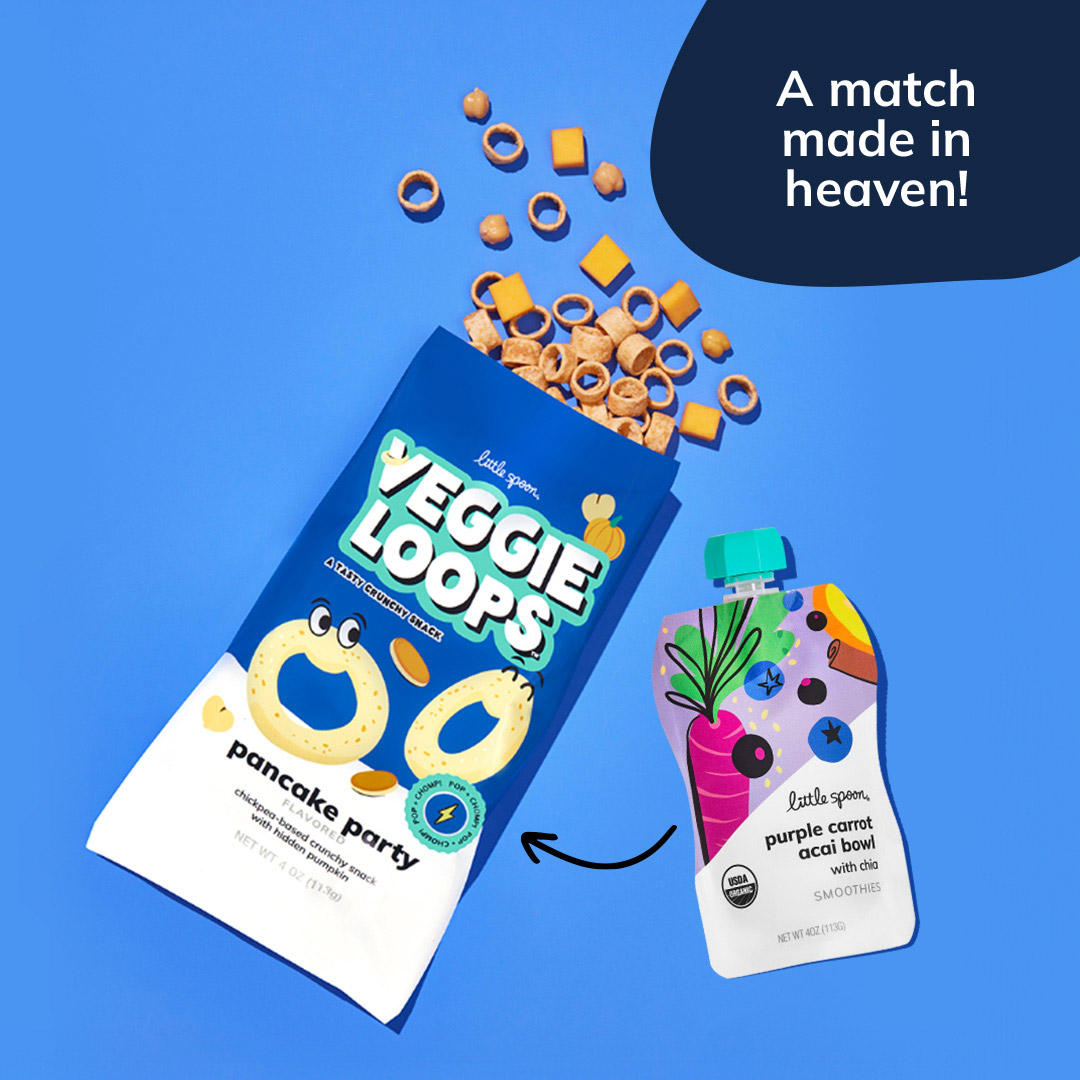 Organic Purple Carrot Acai Bowl smoothie Pouch paired with Pancake Party Veggie Loops Snack