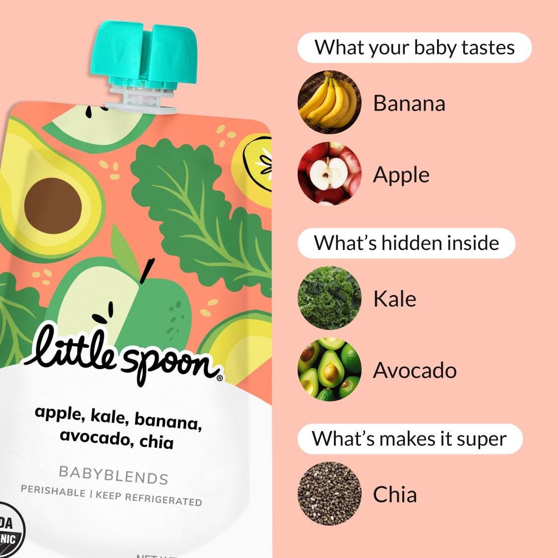 Babyblend Pouch with text showing ingredients: banana, apple, kale, avocado, and chia.