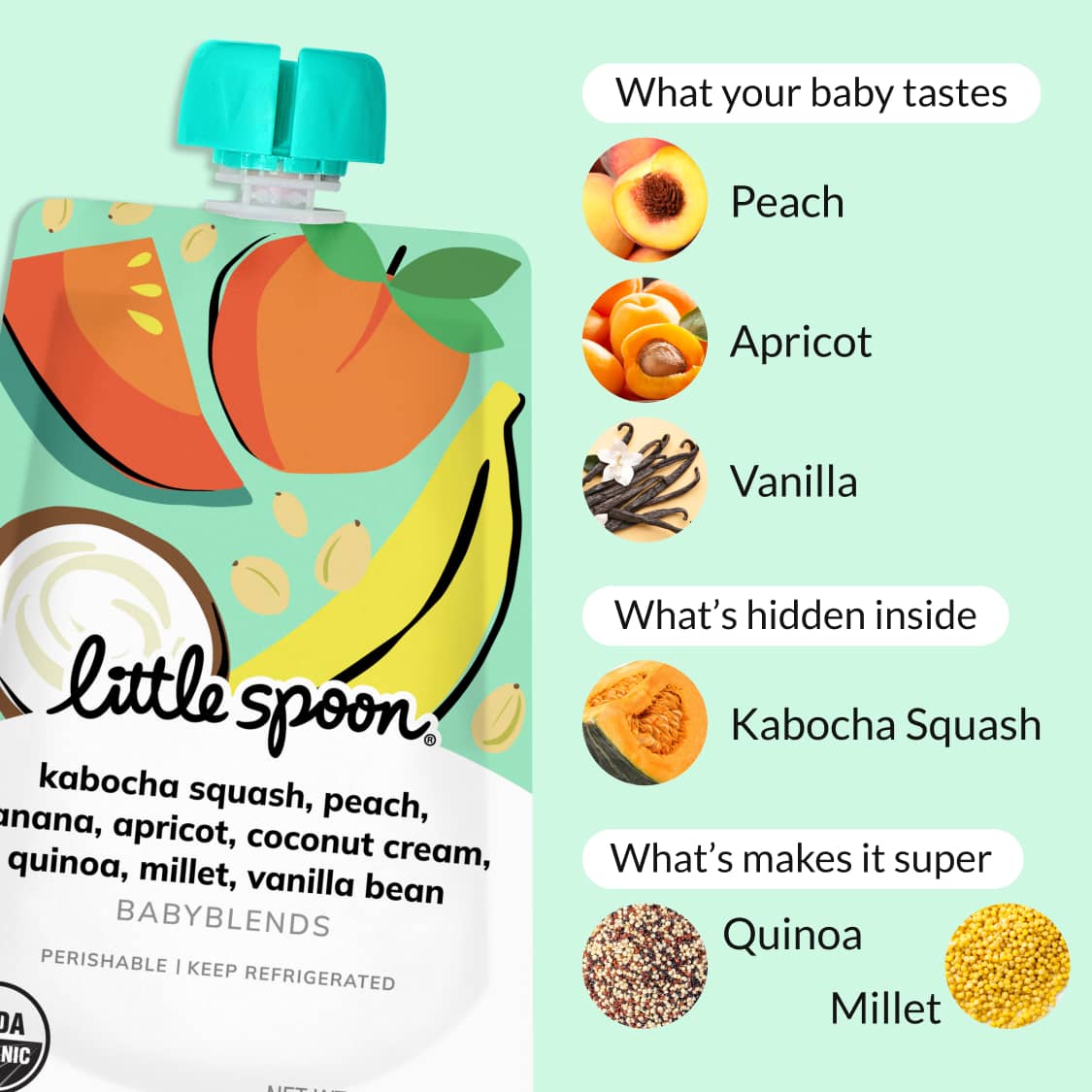 Babyblend Pouch with text showing ingredients: peach, apricot, vanilla, kabocha squash, quinoa, and millet