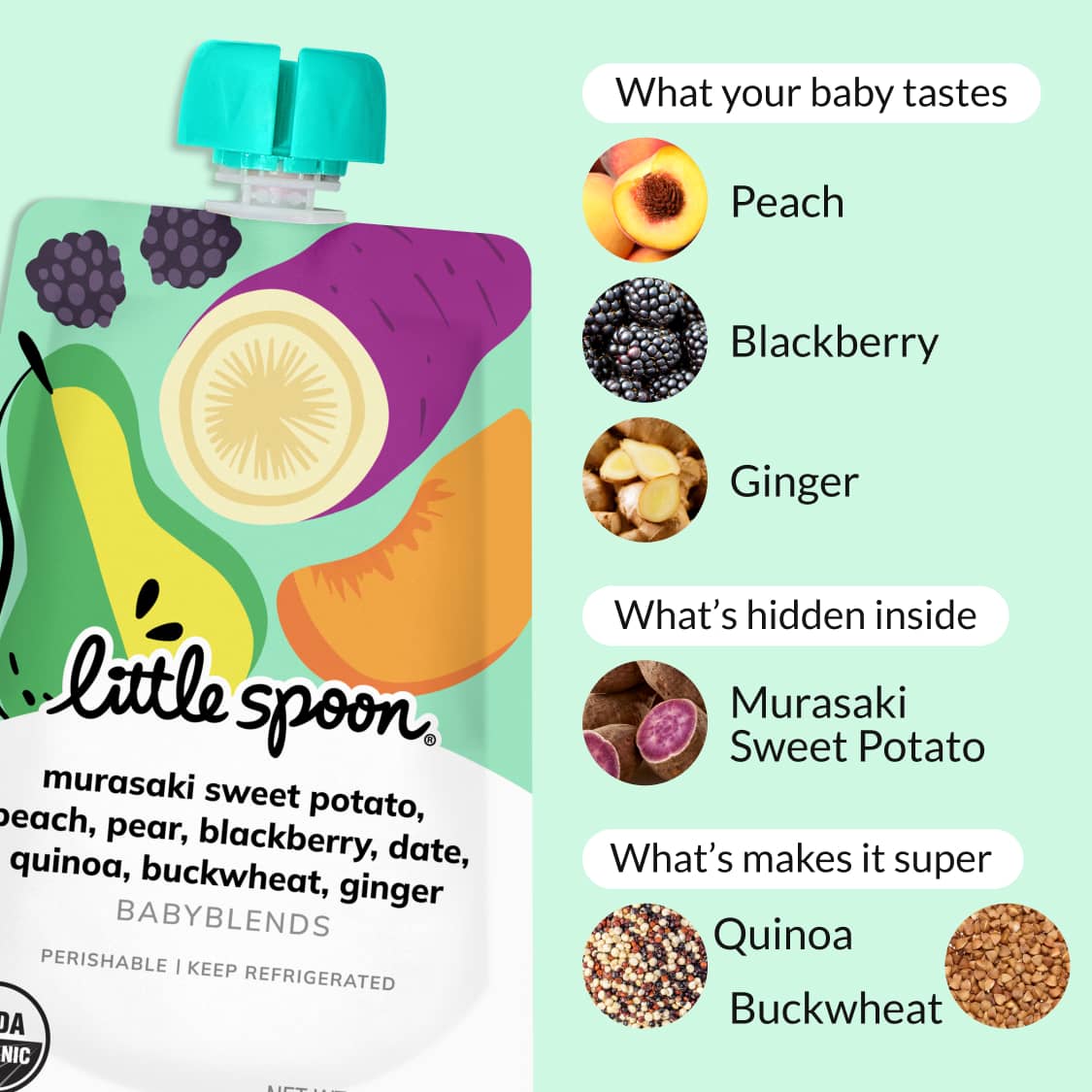 Babyblend Pouch with text showing ingredients: peach, blackberry, ginger, murasaki Sweet Potato, quinoa, and buckwheat.