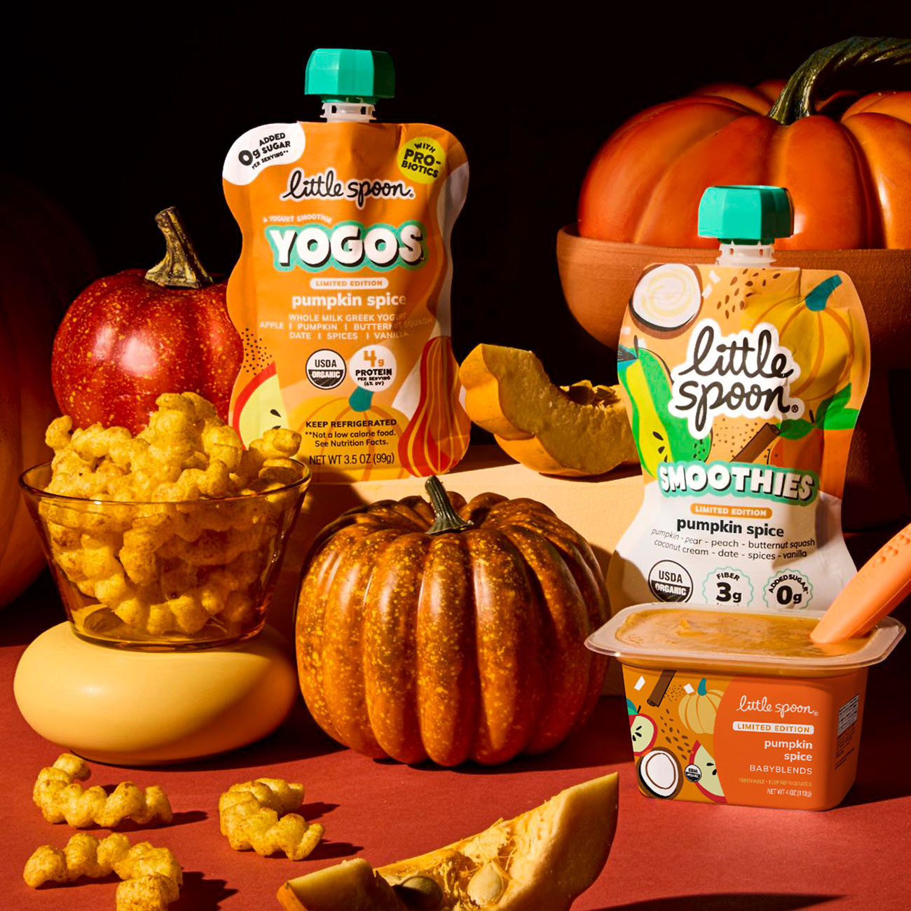 fall seasonal collection, limited edition pumpkin spice blend, yogo, smoothie and puffs with pumpkins