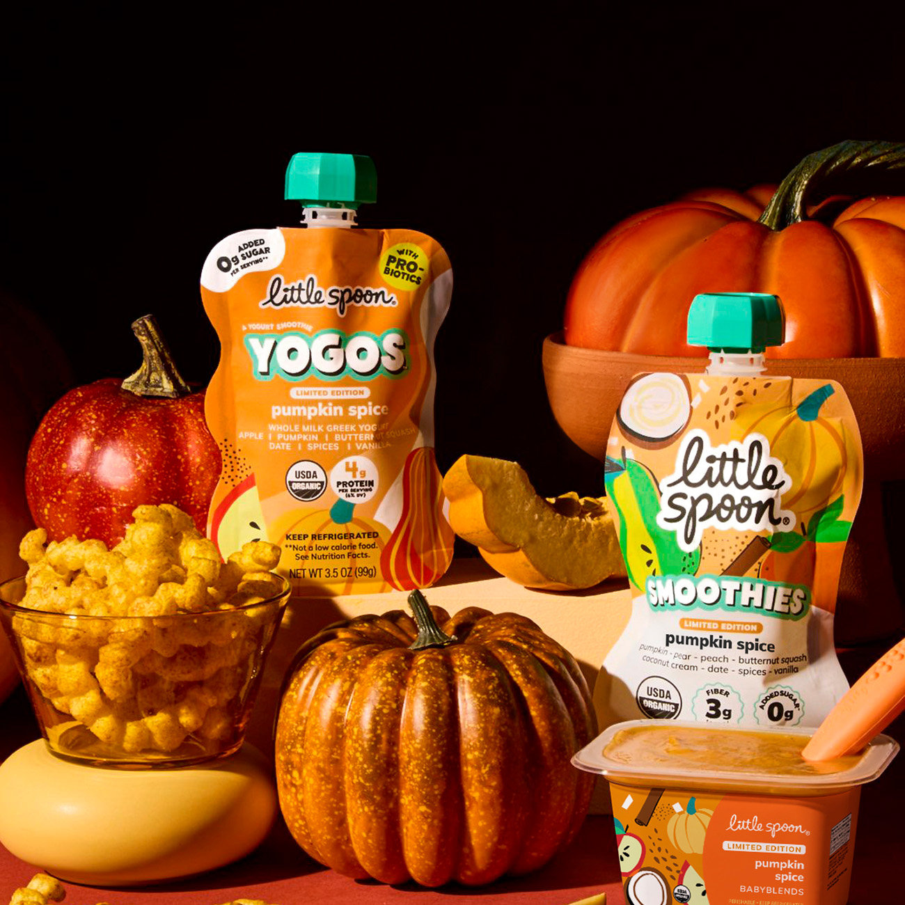 fall seasonal collection, limited edition pumpkin spice blend, yogo, smoothie and puffs with pumpkins