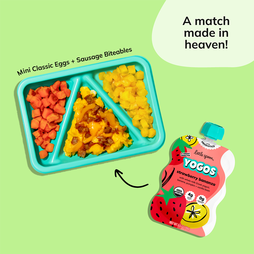 a match made in heaven with Strawberry Bananza YoGo pouch and mini classic eggs and sausage biteable