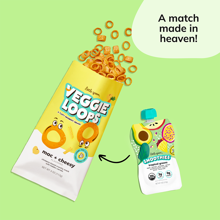 Organic Tropical Greens Smoothie Pouch paired with Mac and Cheesy Veggie Loops Snacks