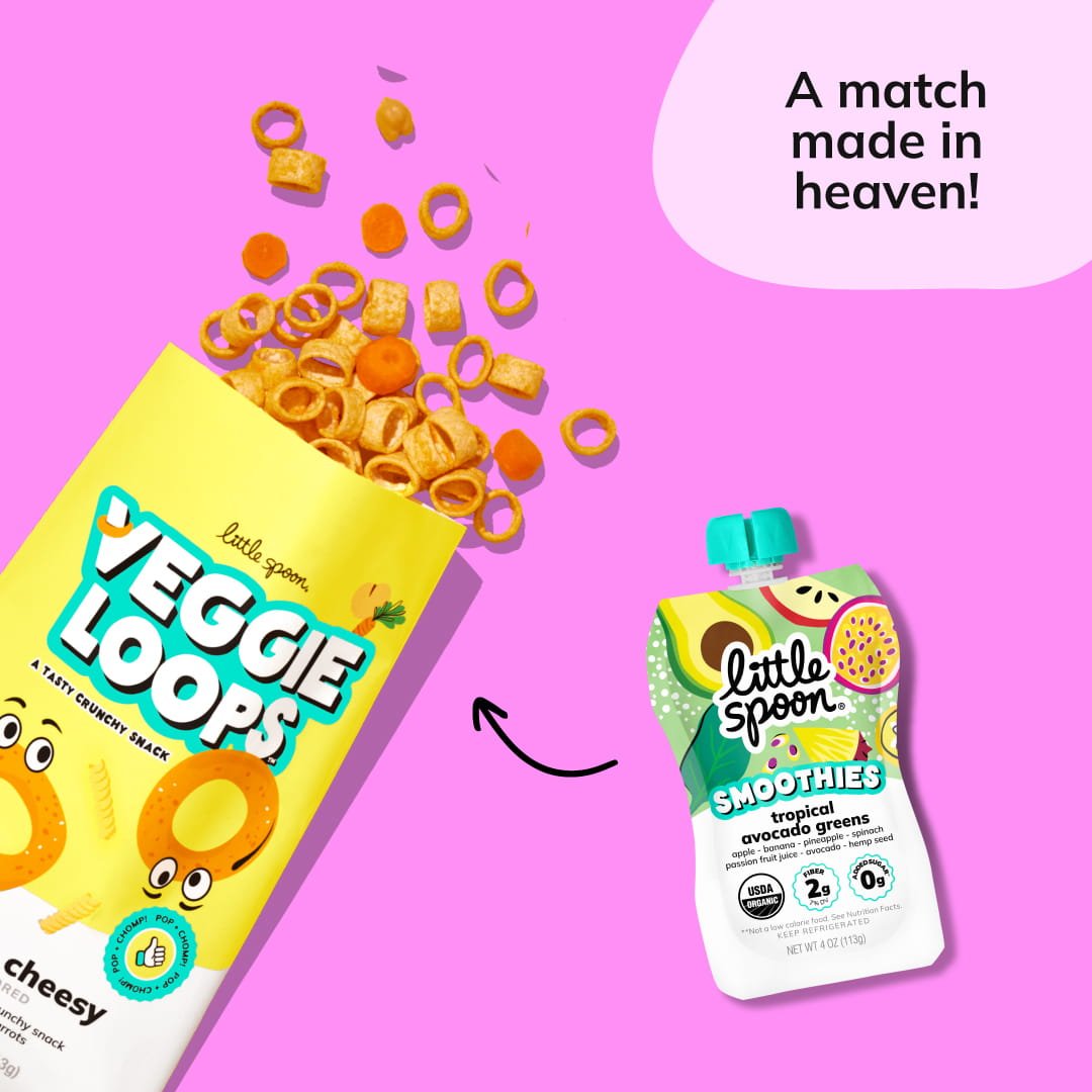 Organic Tropical Avocado Greens Smoothie Pouch paired with Mac and Cheesy Veggie Loops Snacks