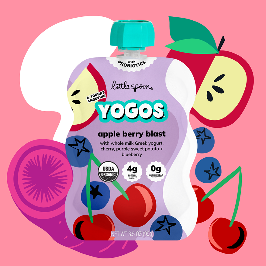 Apple Berry Blast YoGo Pouch with cherries, purple sweet potato, yogurt, blueberries and a red apple