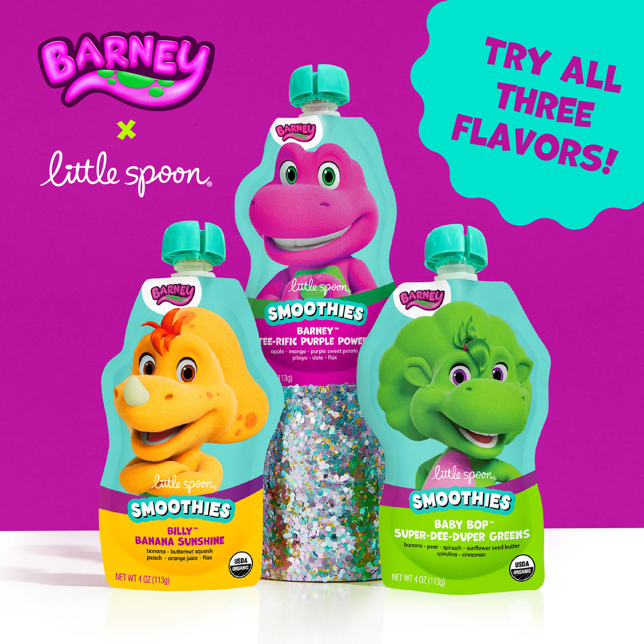 try all three flavors of the Barney Little Spoon smoothies