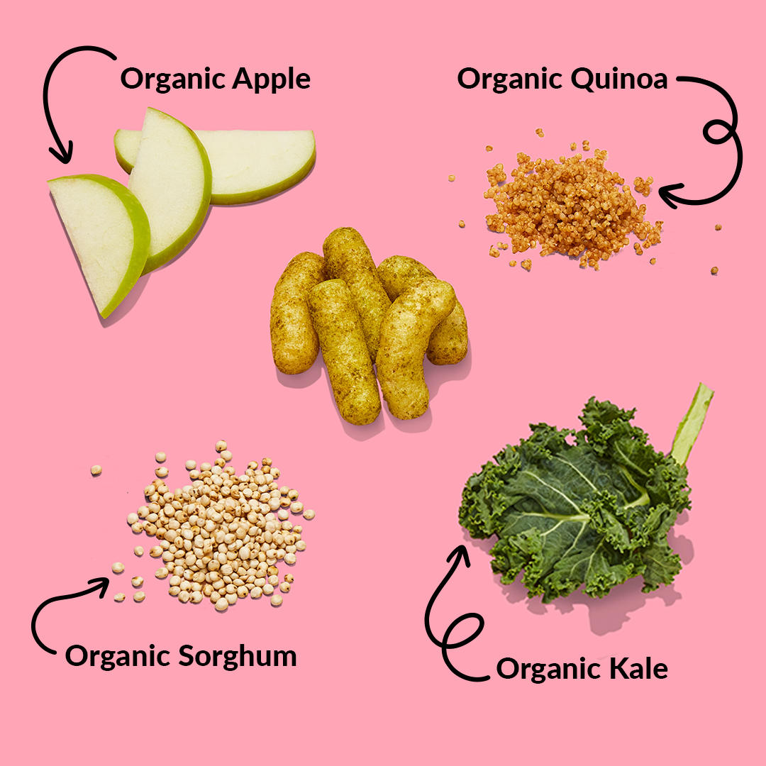 images organic apple, organic sorghum, organic kale, organic quinoa, which are ingredients in Kale Apple Meltable Baby Puffs