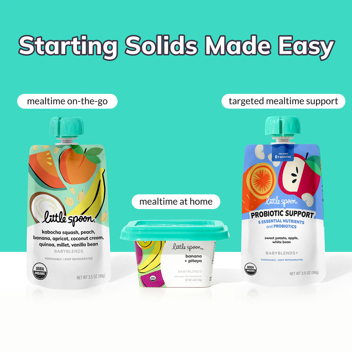 Little Spoon Babyblend+, pouch and container on teal background with text ‘Starting Solids Made Easy’ and mealtime labels.