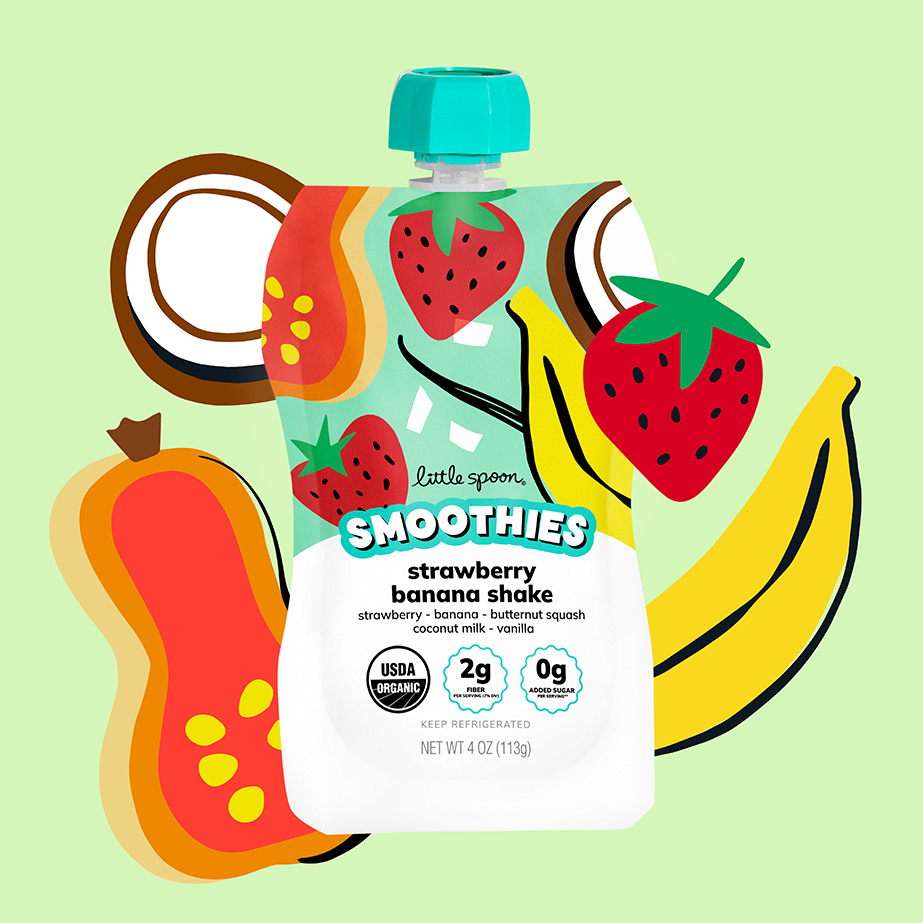 Strawberry Banana Smoothie pouch with images of banana, butternut squash, coconut and strawberry