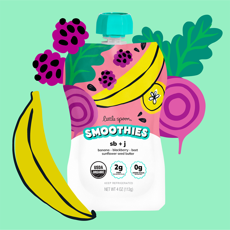 Organic Sunflower Butter + Jelly pouch next to banana, raspberry and beet