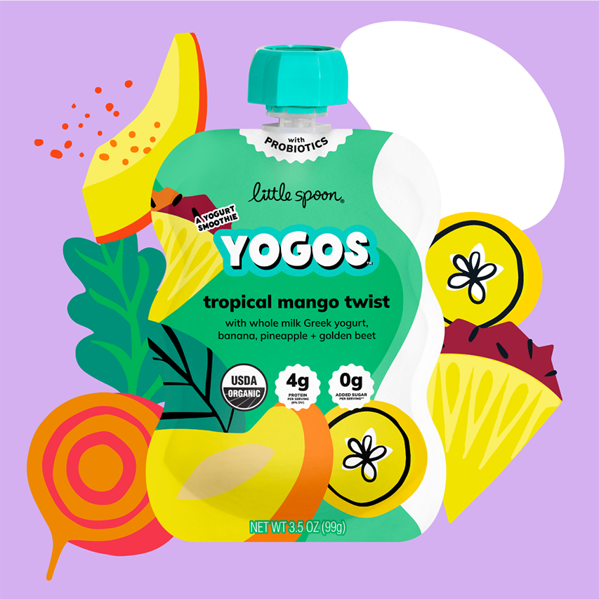Tropical Mango Twist YoGos pouch with yogurt, pineapple, banana, mango, and golden beet