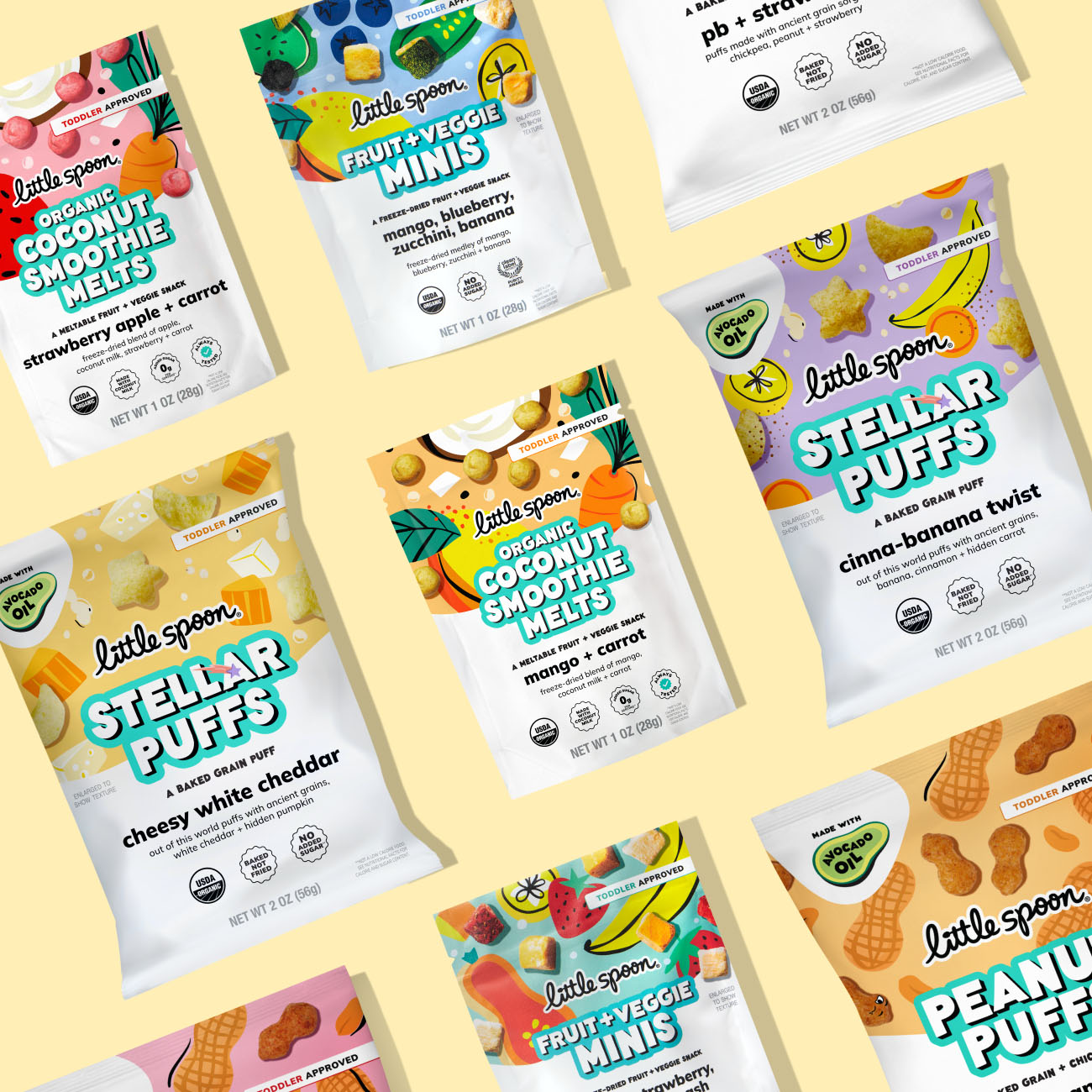 a variety of little spoon snacks, stellar puffs, melts, fruit and veggie minis, peanut puffs