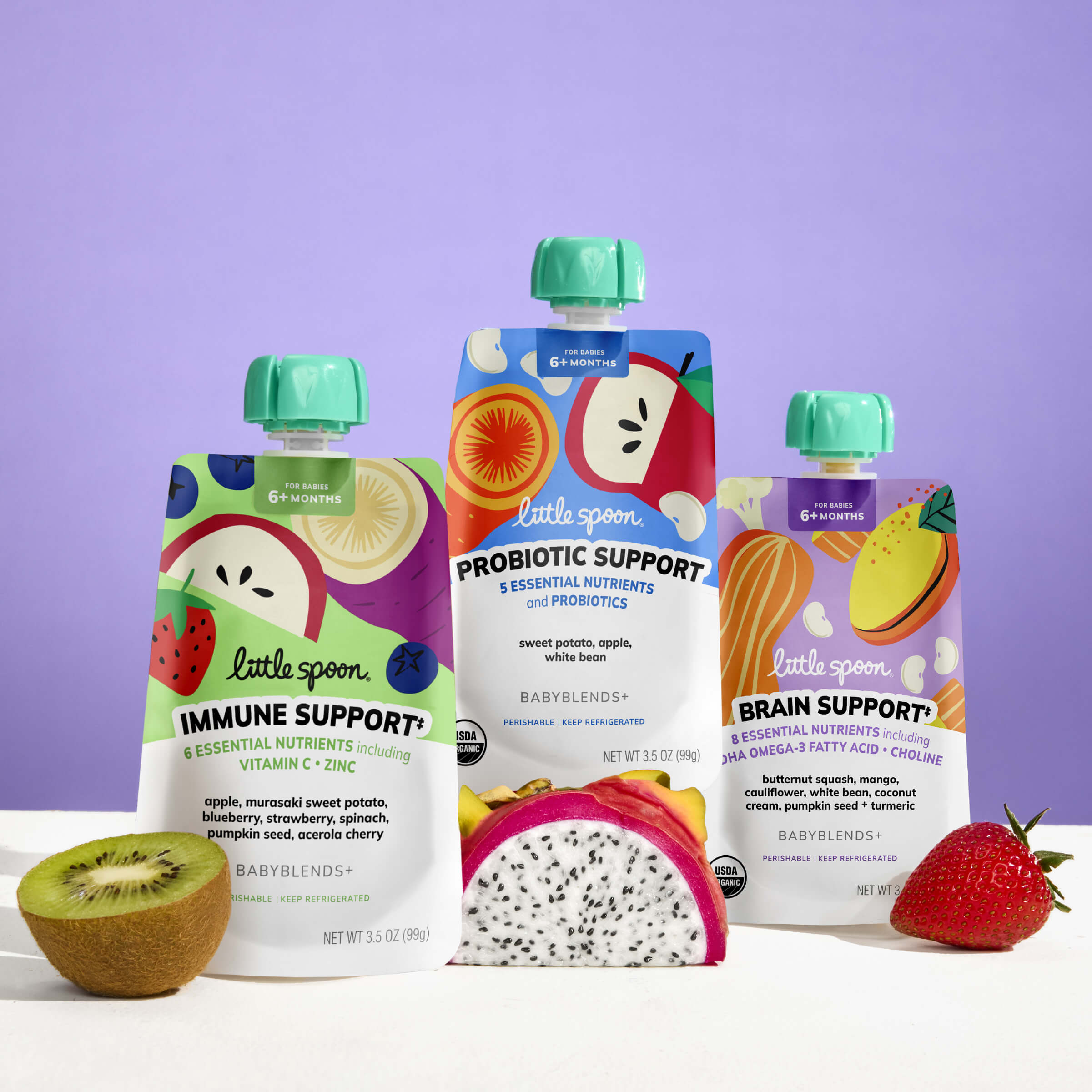 3 Babyblend+ pouches, one for brain support with kiwi, one for probiotic support with pitaya, and one for brain support