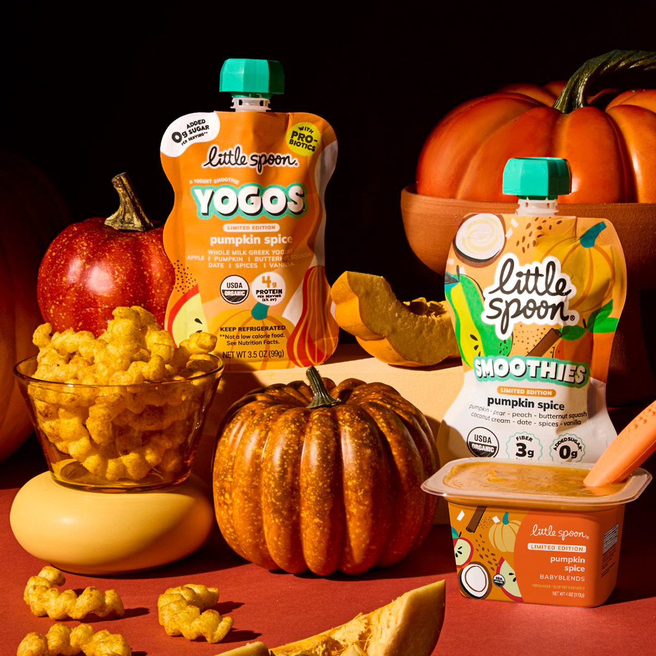 fall seasonal collection, limited edition pumpkin spice blend, yogo, smoothie and puffs with pumpkins