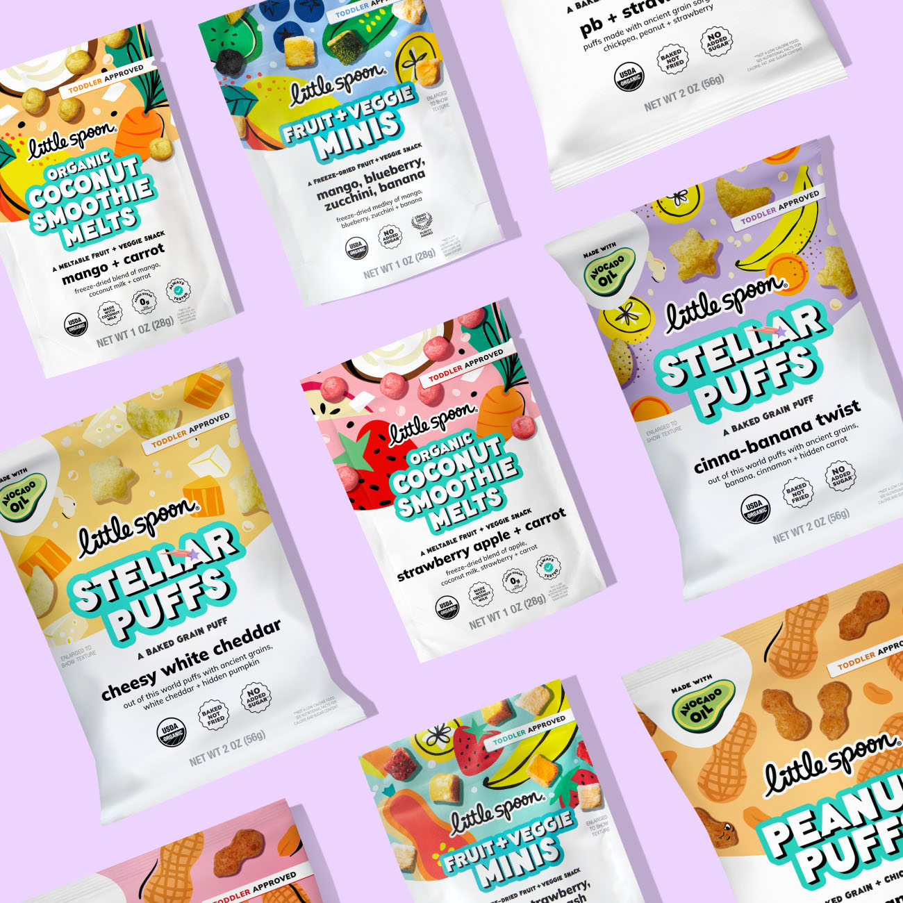 a variety of little spoon snacks, stellar puffs, melts, fruit and veggie minis, peanut puffs