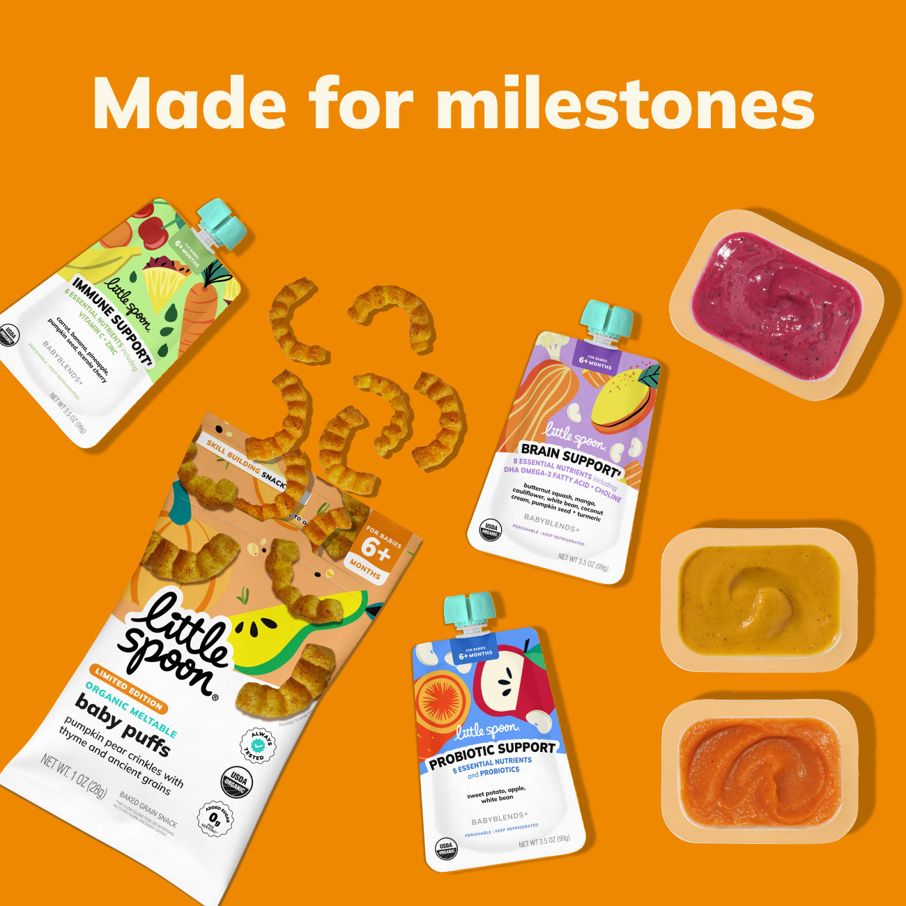 Made for milestones, Pumpkin Pear Meltable Baby Crinkles, babyblend and babyblend plus functional pouches