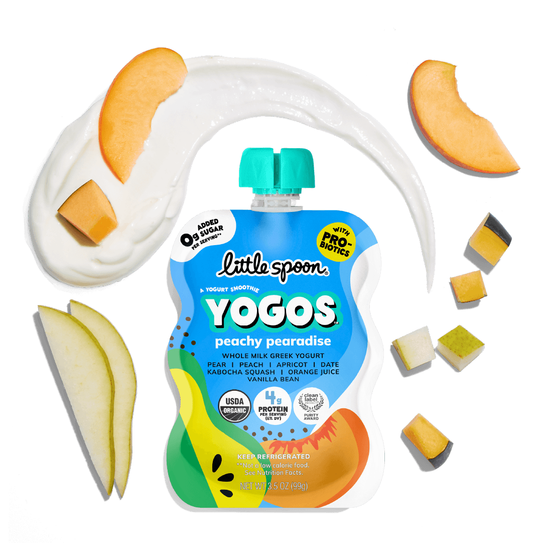 Peachy Pearadise YoGos pouch with yogurt, peaches, pears, Kabocha Squash and apricots