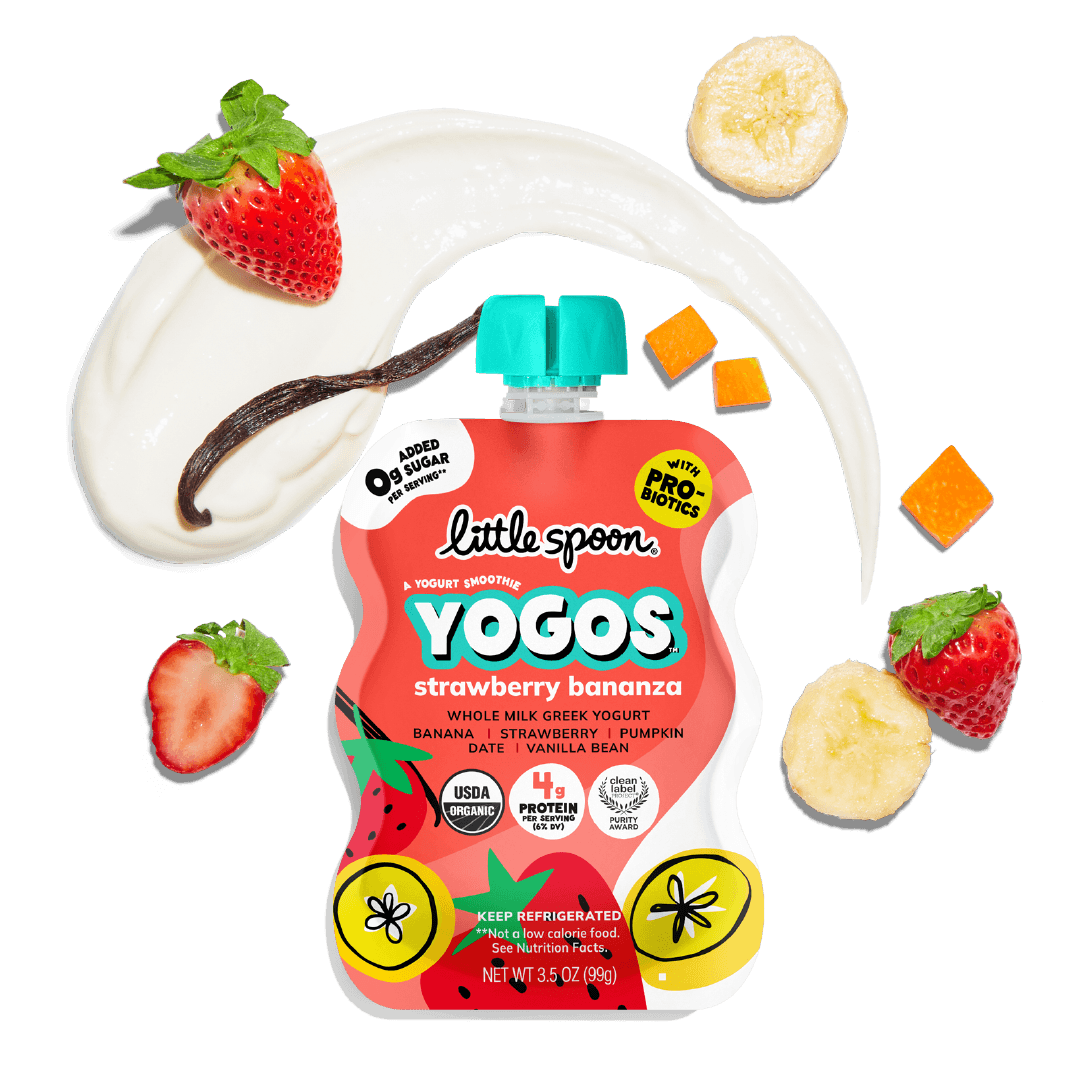 Strawberry Bananza YoGos Pouch with strawberries, slices of banana, vanilla bean and whole milk greek yogurt with probiotics