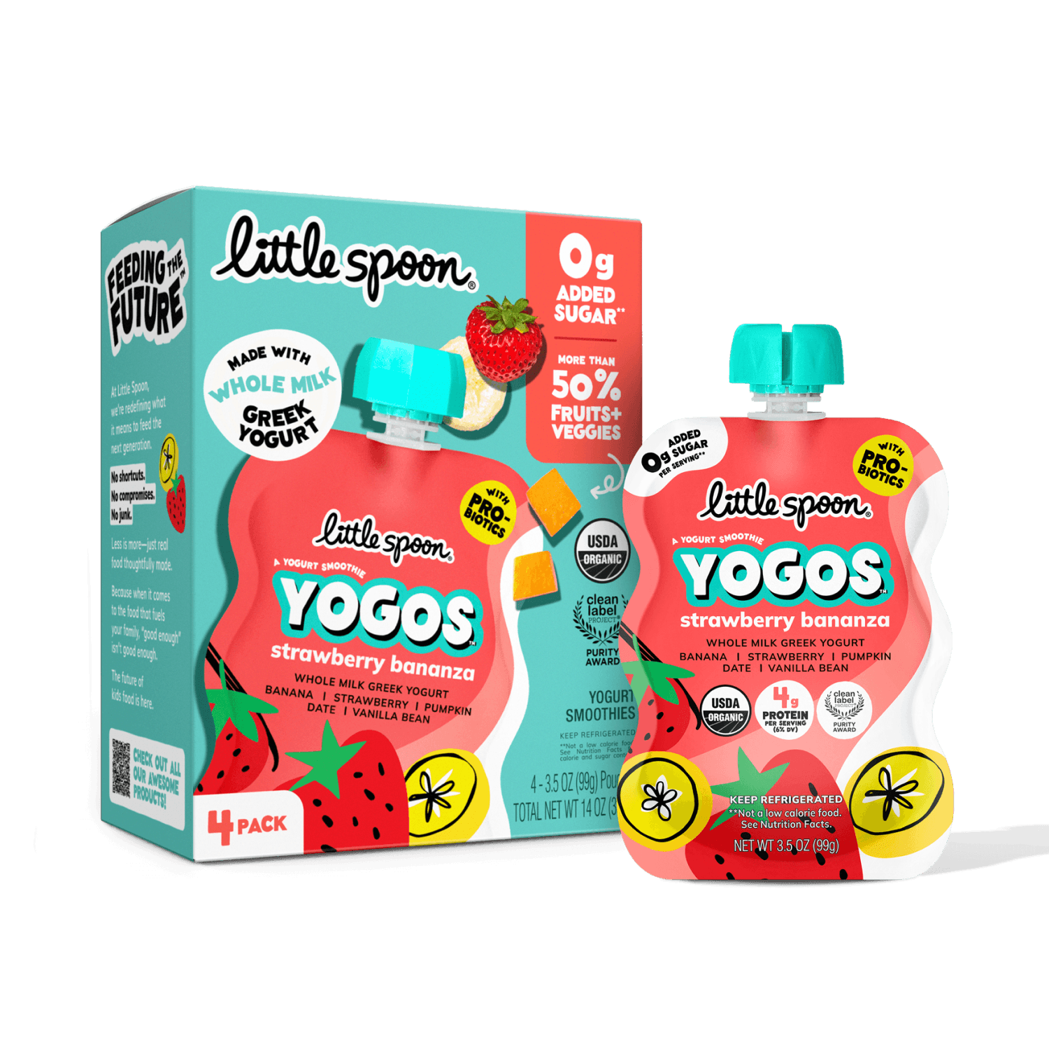 Strawberry Bananza YoGos Pouch next to a 4 pack box of Strawberry Bananza YoGos Pouches